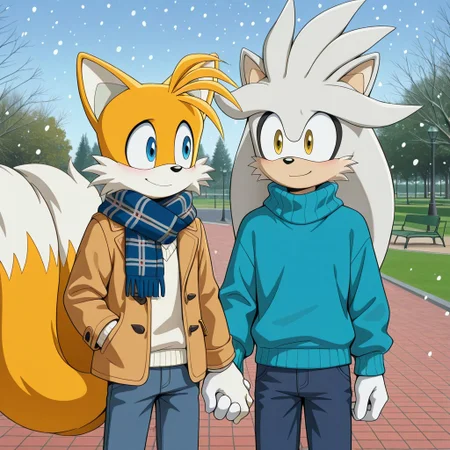 Masterpiece, newest, perfect quality, best quality, complex background, anthro, furry, human proportions, taller male, <furry male, Silver the hedgehog, broad shoulders, fit male, white fur, white skin, scarf, winter coat> holding hands Tails_IL blue eyes light blue winter sweater fashionable outfit, blue eyes>, jeans, (romantic couple:1.4), (male and male) larger male, winter, snowing, (in a public park:1.5), ltalking, chatting, smile, ByCooliehigh, Tails_IL <lora:cooliehigh_7:0.4>