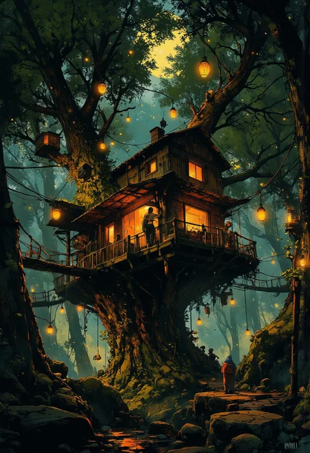 mythp0rt, cyberpunk, A cozy treehouse in the heart of a lush, enchanted forest, illuminated by a warm glow from dozens of hanging lanterns. The scene is set at night, with soft moonlight filtering through the dense canopy above. Fireflies hover gently around the treehouse, adding a magical touch. The wooden structure is rustic, with rope bridges connecting it to nearby trees, and ivy climbing up its supports. The forest floor below is covered in moss and faintly glowing mushrooms, creating a serene and mystical atmosphere.