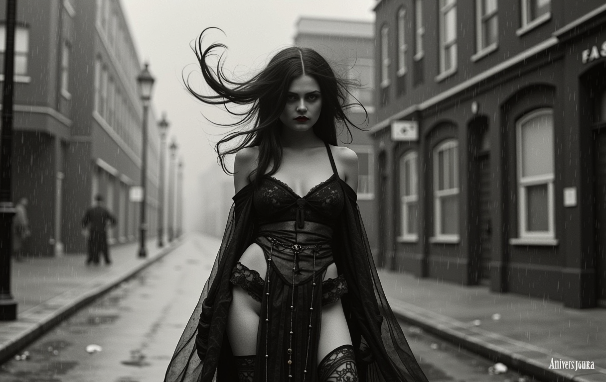 V1nt4g3 . F4sh10n This is a black and white photograph from the late 19th or early 20th century, featuring a gothic-inspired scene of a woman standing on a misty, rain-soaked street in an urban environment. The woman, with a striking, pale complexion, has long, wild, dark hair that seems to move as if caught in a strong wind, with tendrils reaching out like dark, ethereal vines. Her eyes are painted in a dramatic, dark shade of red lipstick, giving her an intense, almost menacing expression.

She is dressed in an elaborate, ornate, dark navy blue gown with intricate, swirling patterns that seem to match the tendrils of her hair. The dress is open at the legs exposing elaborate stocking 