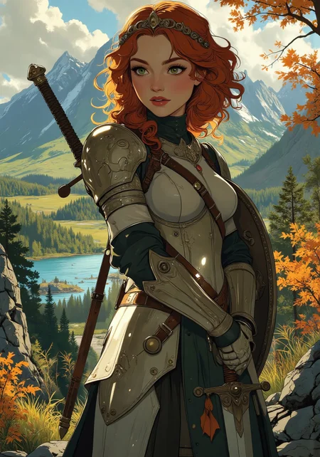 Anime art, Full-length, gorgeous fantasy redhead, naturally curly long ginger hair, tiara, tight silver armor, standing on a hill. Full breasts, tight waist, round thighs, green eyes, no blush. Backdrop of fantasy highlands in fall, bright autumn colors, lakes and wooded areas, braided hairstyle, diffused lighting, determined facial expression, intricate armor details. Shield on back, sword in scabbard on hip. <lora:aidmaMJ6.1_v0.5_3:0.5>,  <lora:Anime Art V3_Flux:0.5>