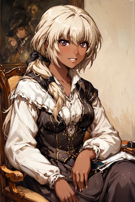 KilaKushan, 1girl, solo, looking at viewer, (dark-skinned female:1.1), sitting, low ponytail, (hair over shoulder:1.1), oil painting, white lips, style of Rembrandt, <lora:Bea&KilaKushan-anxl31:0.45>, <lora:tbh135-sdxl:0.9>, <lora:ClassipeintXL2.1:0.8>,