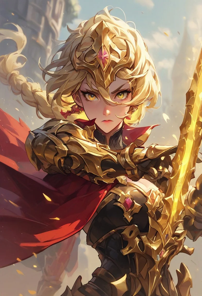 score_9, score_8_up, score_7_up, score_6_up, score_5_up, score_4_up,
paladin lady holding glowing sword, blonde hair, braid, ornate golden armor, ornate pauldrons, black corset, glowing yellow eyes, red cape, upper body, face focus