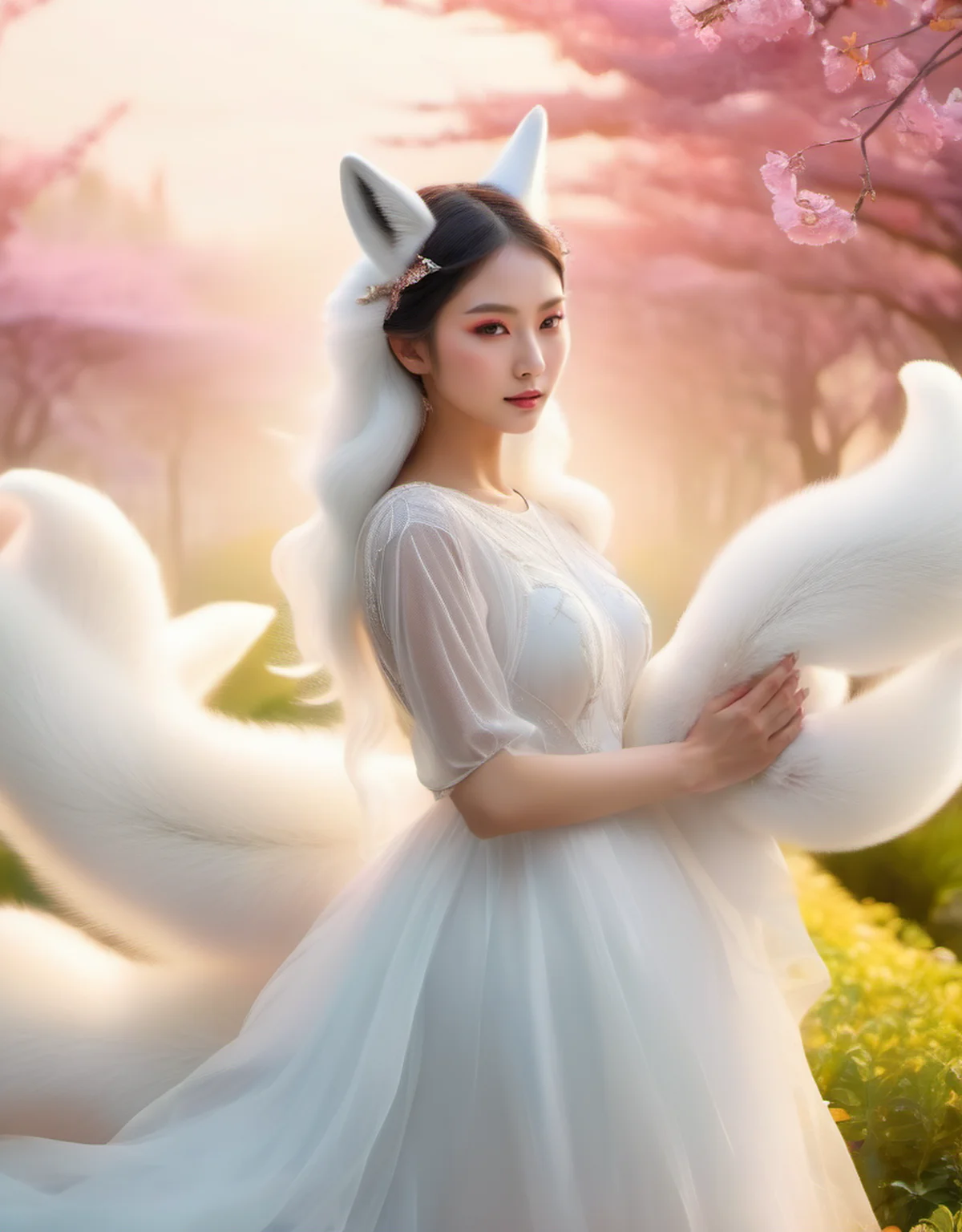beautiful photo of a ((gumiho)) ((nine tailed white fox)) fox tail,fox ears, a beautiful woman have 9 tails, very cute face, white silk dress ((half body view)) in a beautiful garden,looking at the viewer,white smoke , (cinematic pose) aurora background, perfect face perfect hands,detailed symmetric circular iris, love magic, beautiful sky realistic, stunning realistic photograph, 3d render, octane render, intricately detailed, cinematic, Isometric, fantasy theme, mystical, deviant art masterpiece, crimson eyes, colour grading, light illustration, extreme quality, extremely detailed, ultra-detailed face, ultra hd 8k,pink lightning, concept art, hyperdetailed, triadic colours, fantastical, intricate detail, splash screen, complementary colours, fantasy concept art, 8k resolution, soft lighting, film photography, film grain, hyperrealist <lora:Mr_Fox Spirit:1>