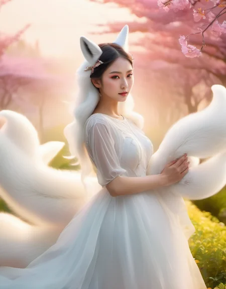 beautiful photo of a ((gumiho)) ((nine tailed white fox)) fox tail,fox ears, a beautiful woman have 9 tails, very cute face, white silk dress ((half body view)) in a beautiful garden,looking at the viewer,white smoke , (cinematic pose) aurora background, perfect face perfect hands,detailed symmetric circular iris, love magic, beautiful sky realistic, stunning realistic photograph, 3d render, octane render, intricately detailed, cinematic, Isometric, fantasy theme, mystical, deviant art masterpiece, crimson eyes, colour grading, light illustration, extreme quality, extremely detailed, ultra-detailed face, ultra hd 8k,pink lightning, concept art, hyperdetailed, triadic colours, fantastical, intricate detail, splash screen, complementary colours, fantasy concept art, 8k resolution, soft lighting, film photography, film grain, hyperrealist <lora:Mr_Fox Spirit:1>