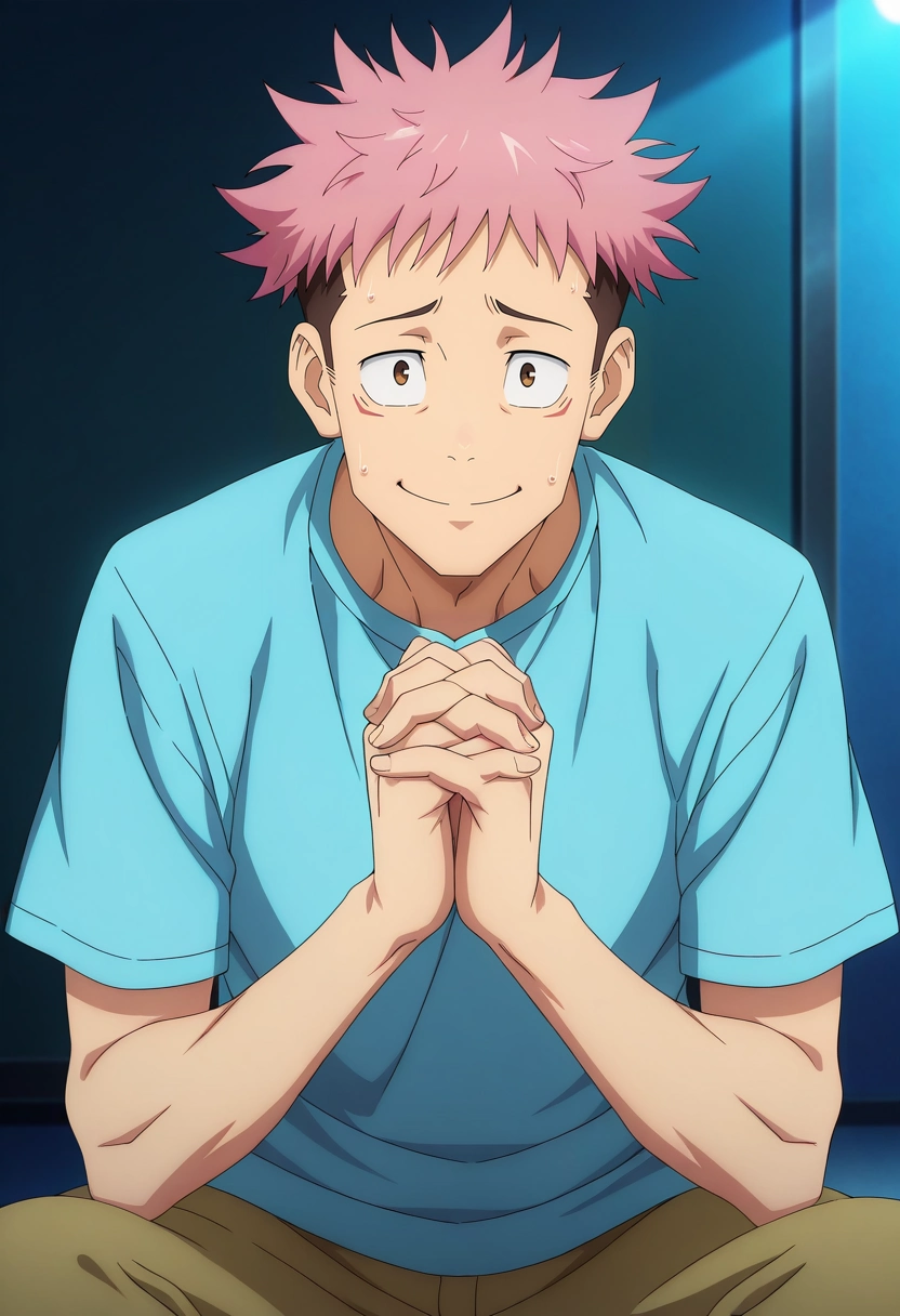 masterpiece, best quality, , anime screencap, anime coloring, official style, looking at viewer, 1boy, solo, male focus, <lora:yuuji_itadori_ilxl:0.96>, yuuji_itadori, pink hair, brown eyes, short hair, undercut, spiked hair, , smiling awkwardly, hands clasped, nervous expression, sitting pose, bright lighting, khakis, caps