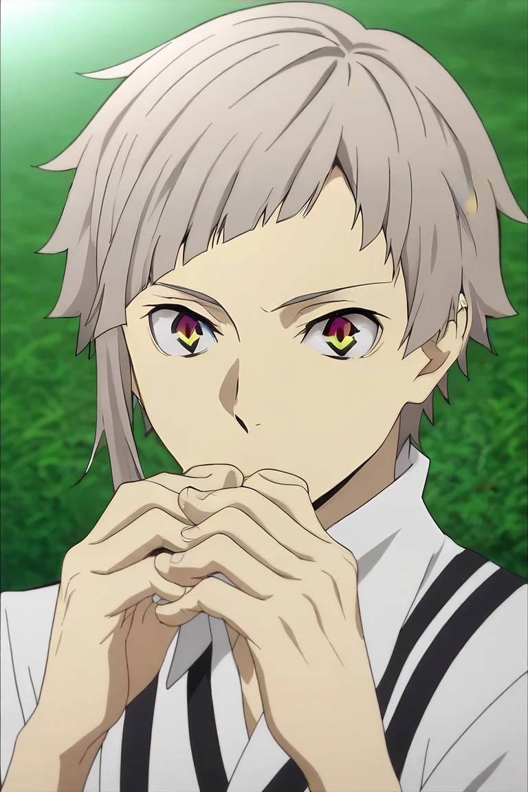 score_9, score_8_up, score_7_up, source_anime, anime screencap, , official style, , upper body, depth of field, 1boy, solo, male focus, <lora:atsushi_nakajima_pony:0.98>, atsushi_nakajima, grey hair, yellow eyes, multicolored eyes, purple eyes, short hair, , The Valley of the Lost, Hands on heart, showing sincerity, <lora:sdxl_lightning_8step_lora:1>