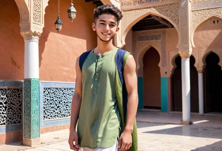 1guy, muslim guy, detailed muslim face, partially smile, huge bulged, cute handsome face, 21yo, His skin reflecting the light, wearing a colored muslim cloth, wear sandal, high detailed, high quality, 8K Ultra HD, ((full body shot)), twink body, (( islamic culture center )), slim young body,