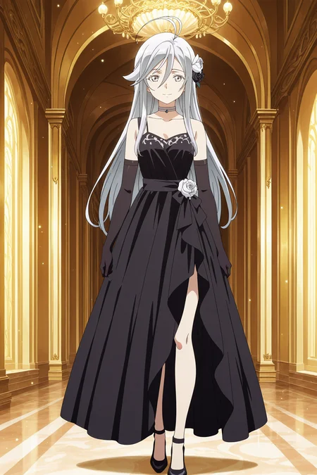 anime screencap, anime coloring, detailed face, masterpiece, best quality, very aesthetic, absurdres, volumetric lighting, official style, amazing quality, ultra detailed, highres, amazing quality, scenery, beautiful detailed hair, beautiful detailed eyes,
<lora:StS-Illustrious-Detail-Slider-v1.0:4>
inside a fancy ballroom,
 <lora:Lena_Vladilena_Milizé_86_-Eighty_Six-_-_Illustrious:1>
Lena (character),1girl, solo, Long hair, silver hair, silver eyes, hair between eyes, antenna hair, black dress, shoulderless dress, hair flower, hair ornament, black elbow gloves, choker, dress shoes,
light smile, looking at the viewer, facing the viewer, full body shot