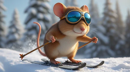 An anthropomorphic mouse is skiing on snow with ski goggles on her head and ski poles under her arms. Her back feet are in the ski bindings.