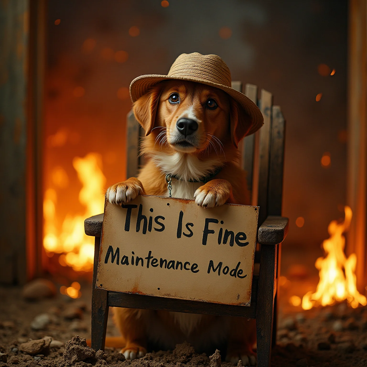 A dog in a burning house, sitting on a chair, wearing an hat, holding a sign with the words "This Is Fine - Maintenance Mode" written on it