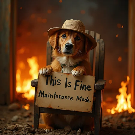 A dog in a burning house, sitting on a chair, wearing an hat, holding a sign with the words "This Is Fine - Maintenance Mode" written on it