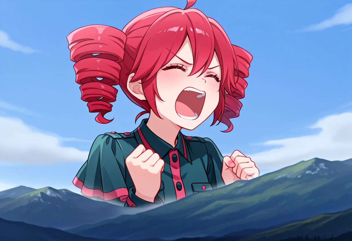 masterpiece, high quality, best quality, 1girl, solo, giantess, kasane teto, upper body, landscape, closed eyes, shouting, mountain, mountainous horizon, sky, cloud, clenched hands, <lora:big_enough_meme:1>