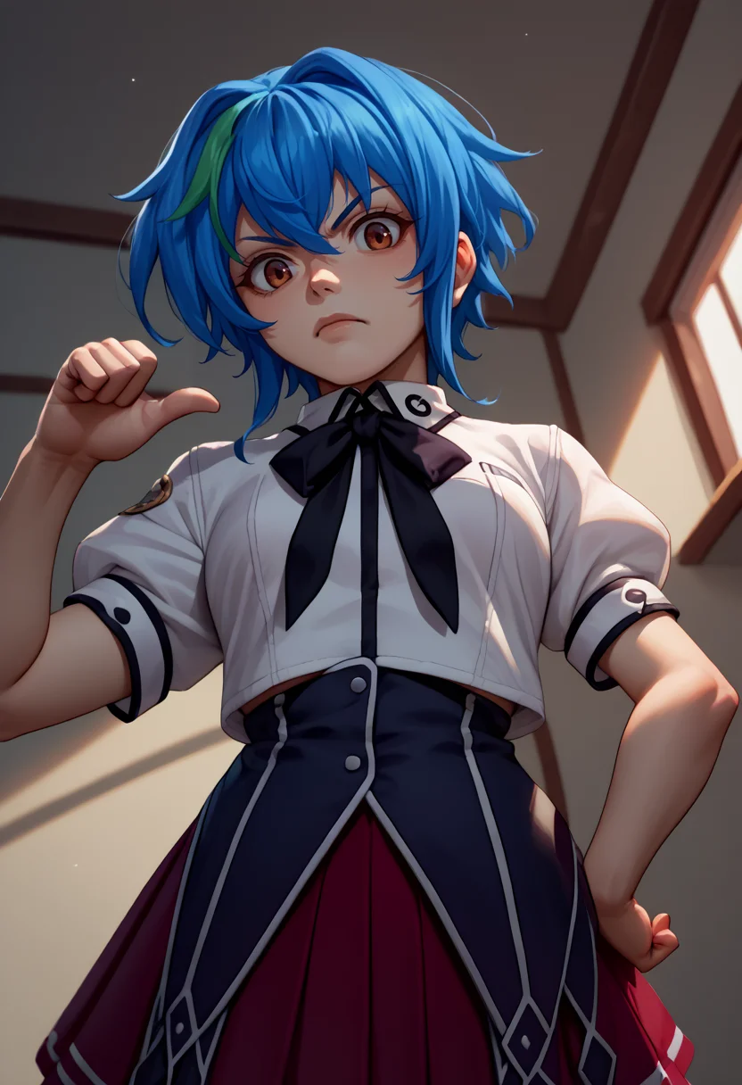 score_9, score_8_up, score_7_up, source_anime, thumb pointing, pointing at self, upper body, <lora:ThumbPointingAtSelf_XLPD:1.1>, <lora:highschooldxd_xenovia_ponyXL:1> xenovia quarta, school uniform, white shirt, black ribbon, neck ribbon, puffy short sleeves, corset, red skirt, pleated skirt, looking at viewer, looking down, from below, blue hair,