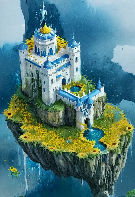 castle,
A traveler looking at a gigantic castle made of dozens of towers, medical, white, grass,matchcraft floating island , ((floating island)), ((towers )),( sky ), (fly ), cloud,waterfall, raining, breezes, stream of water, river, ((Green water)), (sunflowers blue ),( blue AND white castle), water ,watercolor ,ink, ink yellow , water yellow, watercolor yellow ink