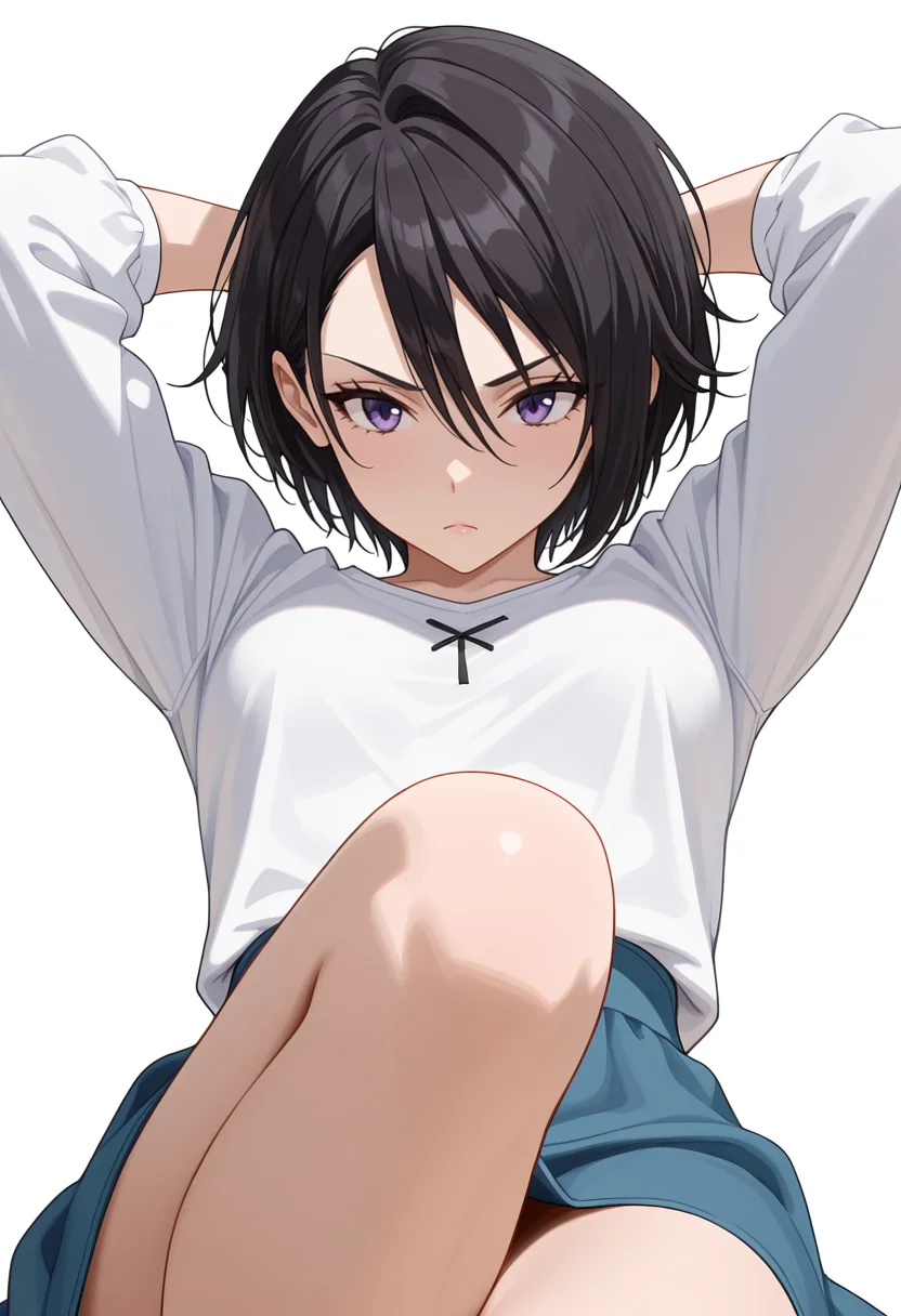 Smooth Quality,masterpiece,very intricate, high quality details, ultra realistic, high detailed skin,detailed enviorement,absurdres,
simple background, white background,solo,
lying down, hands behind head, one knee bent, relaxed expression, casual vibe, ,front view,angry,frown,
<lora:Hinata_Sakaguchi_cnn:0.8> hintatacnn, 1girl,black hair, short hair,purple eyes,hair between eyes,
t-shirt, ,bishop sleeve blouse, ,skirt,,