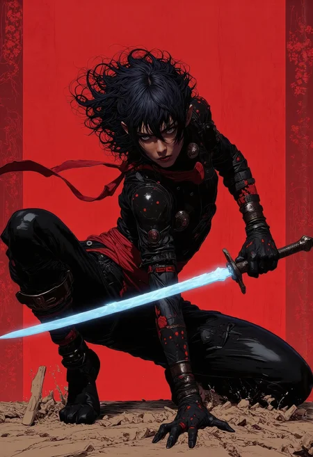 nistyle, Feudal badass ninja, manga-inspired aesthetic: The background is a deep, textured crimson, evoking the intensity of an ancient battlefield, gritty and charged. The central figure is a battle-hardened ballerina ninja, blending elegance and deadly precision. She stands poised mid-motion, her sleek, skin-tight ballerina outfit accentuating her athletic form. The outfit is jet black with crimson accents, adorned with subtle, swirling patterns reminiscent of cherry blossoms caught in a storm.

Her flowing, jet-black hair billows dramatically, framing her fierce, determined face, pale and striking with sharp, angular features. Her piercing eyes gleam with an unyielding resolve. Her arms extend gracefully, fingers curled into a combat-ready stance, while her toned legs are in a low, balanced position, exuding the perfect blend of artistry and lethality.

Strapped to her thighs are twin daggers with glowing, neon-blue edges, ready to strike with precision. Her attire hints at both traditional and futuristic influences, with metallic embellishments on her wrists and ankles, reflecting the light like shards of a shattered moon. Around her waist is a scarlet sash that trails behind her, fluttering like a warrior's banner. She is the embodiment of beauty in motion, a tempest of grace and destruction.