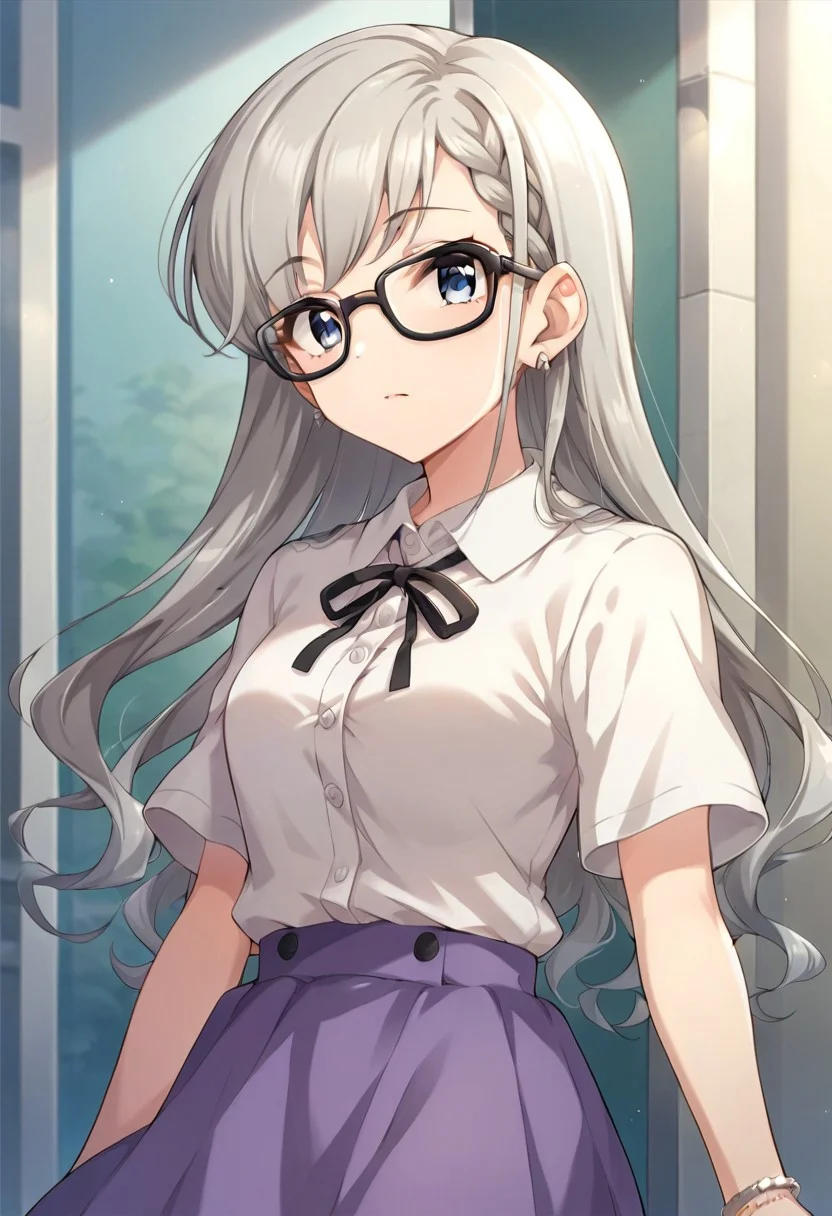 score_9, score_8_up, score_7_up, source_anime,hisakawa hayate, braid, grey hair, long hair, blue eyes, 1girl, solo, glasses, skirt, jewelry, purple skirt, earrings, bespectacled, shirt, short sleeves, white shirt