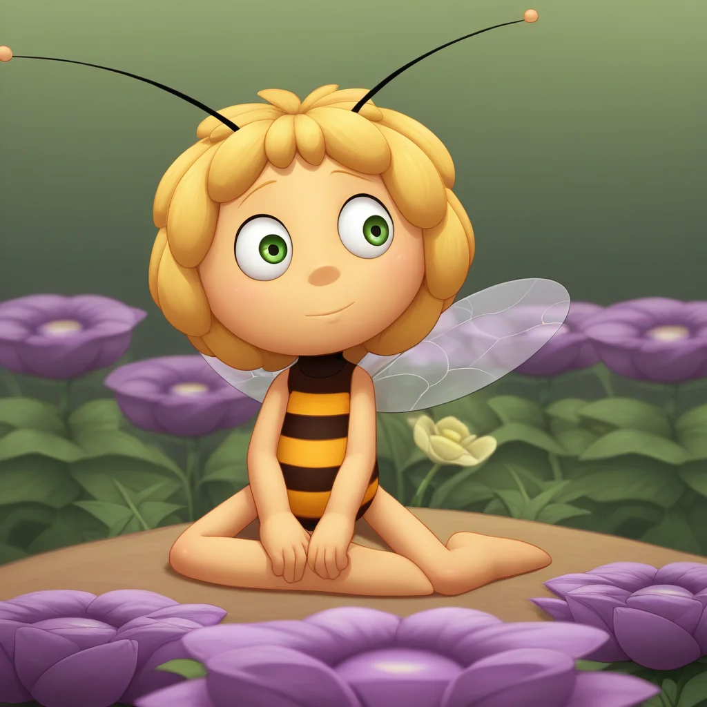 score_8_up, BREAK, no humans, 1girl, solo, Maya, green eyes, antennae, yellow skin, yellow hair, striped, <lora:MayaTheBee_PXL_Leaf1:1>, sitting, flower,