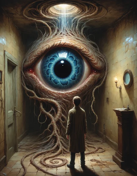 In the heart of a forsaken laboratory, the observer peered into an ancient eye under a haunted lens. The iris warped into tendrils, a swirling vortex reaching for the soul as the pupil revealed a shadowy abyss. The veins beneath formed a labyrinth leading to an unseen place; then the orb dissolved, leaving only a portal to the void. The room fell silent, bearing witness to a glimpse beyond sanity's edge, forever altering the viewer's perception of reality. <lora:The_Grey_Ones_Horror_Theme_v2-000008:0.8> gr4y0ne, horror (theme)