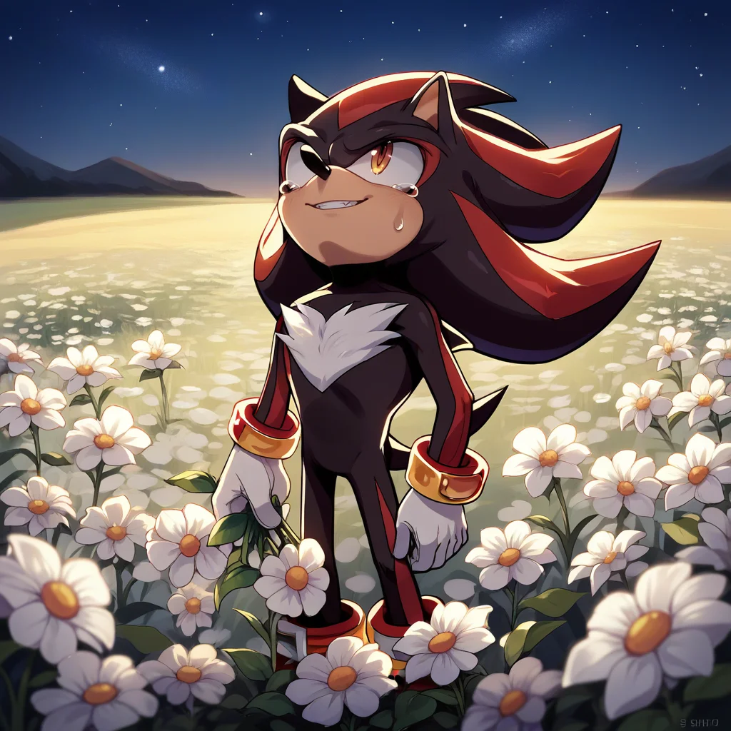 zPDXL2,score_9, score_8_up, score_7_up, score_6_up, score_5_up, score_4_up, <lora:Flower_Field:0.7> flw3r, outdoors, flower field,night, night sky, stars, starry sky, standing, looking up, white flowers, holding flowers, smile, 1boy, solo, shadow the hedgehog, tears, head back