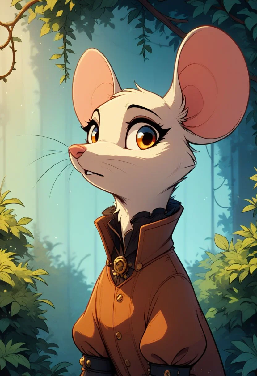 score_9, score_8_up, score_8, solo, (fluffy:0.8), (feral), furry, (((mouse))), female, (fluffy cheeks:0.7), (shirt), (solo:2), j_cartoon, cute, (upper body shot, portrait:2), bushes, embarrassed, look at viewer, steampunk