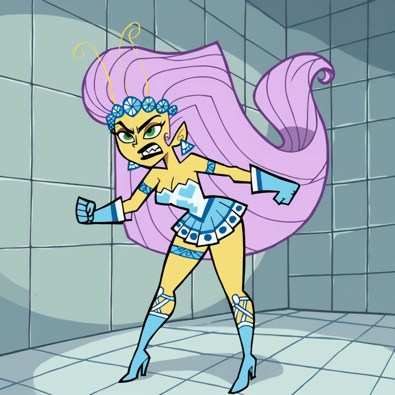 score_9, score_8_up, score_7_up, score_6_up, score_5_up, score_4_up, BREAK, <lora:Princess_Mandie:0.7>, princess mandie, 1girl, solo, breasts, skirt, gloves, dress, bare shoulders, jewelry, full body, purple hair, earrings, boots, teeth, high heels, strapless, colored skin, clenched hands, tiles, tile floor, pink hair, long hair, black lips, green eyes, pointy ears, yellow skin