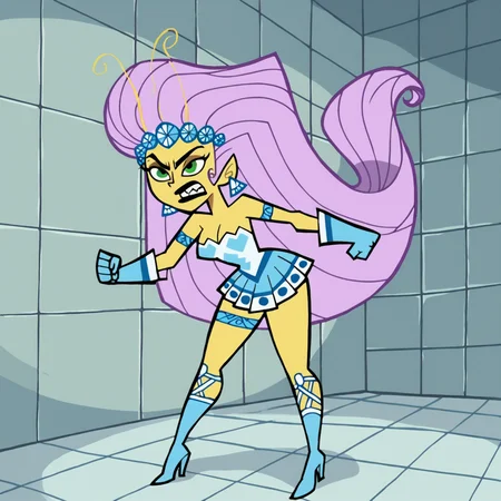 score_9, score_8_up, score_7_up, score_6_up, score_5_up, score_4_up, BREAK, <lora:Princess_Mandie:0.7>, princess mandie, 1girl, solo, breasts, skirt, gloves, dress, bare shoulders, jewelry, full body, purple hair, earrings, boots, teeth, high heels, strapless, colored skin, clenched hands, tiles, tile floor, pink hair, long hair, black lips, green eyes, pointy ears, yellow skin