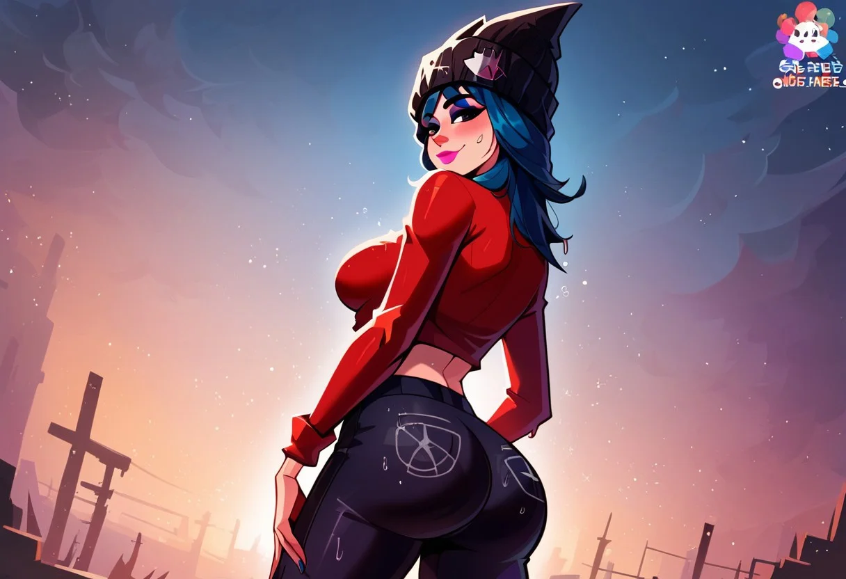 score_9, score_8_up, score_8, tight trouser, backshot, big ass, from behind, look behind, look at viewer, seductive smile, seductive face, dirty, sweaty, wet skin,hope_fortnite, blue hair, large saggy breast, beanie, big, sexy, cute face, kawaii girl, colorful, smiling, posing, posing at an angle, dynamic sexy pose, medium breasts, medium perfect round breasts, toned body, cute face, very sexy, very cute, adorable, shiny skin, wet skin, volumetric lighting, aesthetic design, dramatic angle, dramatic framing, cinematic framing, pixelart