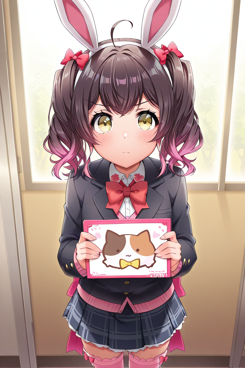 masterpiece, best quality, amazing quality,
 <lora:Muni_IL:1> muni, 1girl, animal ears, rabbit ears, solo, skirt, twintails, fake animal ears, bow, multicolored hair, looking at viewer, thighhighs, yellow eyes, gradient hair, holding, jacket, hair bow, yoba school uniform