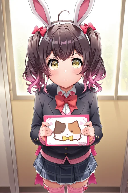masterpiece, best quality, amazing quality,
<lora:Muni_IL:1> muni, 1girl, animal ears, rabbit ears, solo, skirt, twintails, fake animal ears, bow, multicolored hair, looking at viewer, thighhighs, yellow eyes, gradient hair, holding, jacket, hair bow, yoba school uniform