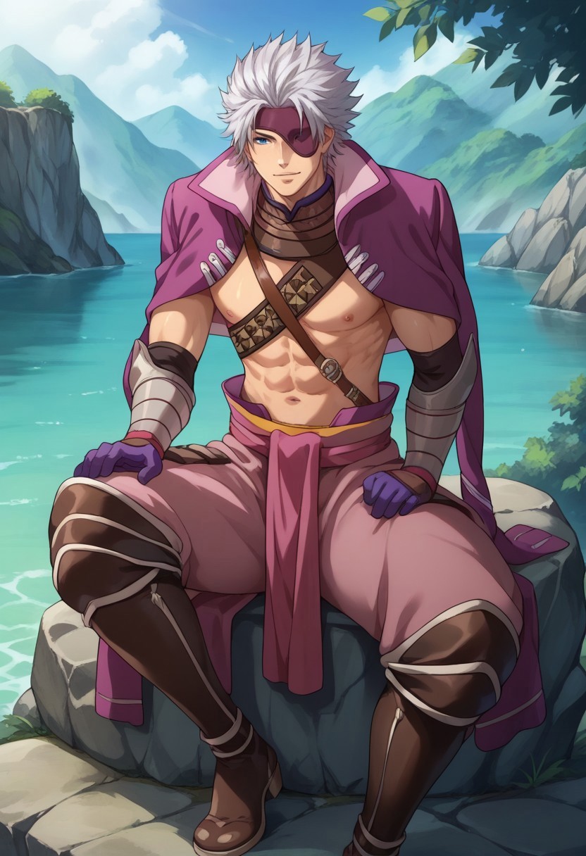 score_9, score_8_up, score_7_up, source_anime, highly detailed, 

Motochika, 1boy, male focus, solo, grey hair, short hair,, blue eyes, eyepatch, jacket, purple jacket, jacket over shoulders, arm armor, gloves, abs, belt, shoulder belt, pants, boots, knee boots, brown footwear,

outdoor, sit, rock, sit on rock,