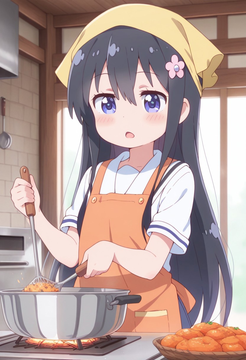 masterpiece,best quality,amazing quality, shirosaki hana, long hair, black hair, blue eyes, 1girl, solo, school uniform, apron, hair flower, hair ornament, flower, head scarf, open mouth, short sleeves, blush, cooking, food