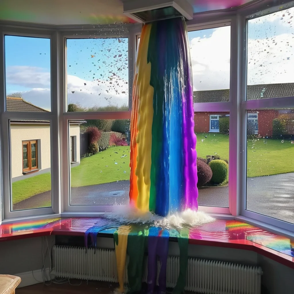 real photo of a ukj style house, powerful forceful waterfall of rainbow from large open windows, hilarious scene, shattering glass, 8k, best quality <lora:rainow_sdxl_ukjstyle_v111602-000003:1>