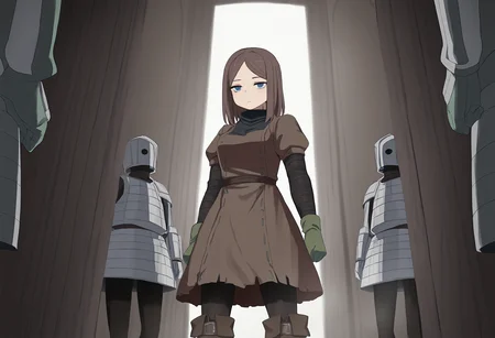 masterpiece, best quality,,detailed_background,indoors,doll alice \(black souls\),lorde \(black souls\),asdf1211950,closed mouth,green gloves,pantyhose,cosplay,brown hair,blue eyes,white armor,cowboy shot,armor,dress,absurdres,boots,parted bangs,shirt,gloves,black souls 2,2boys,highres,alice \(black souls\),brown dress,black pantyhose,black shirt,1girl,thigh boots,character request,multiple boys,the girl \(fear &amp; hunger\),the girl \(fear &amp; hunger\) \(cosplay\),long sleeves,black souls