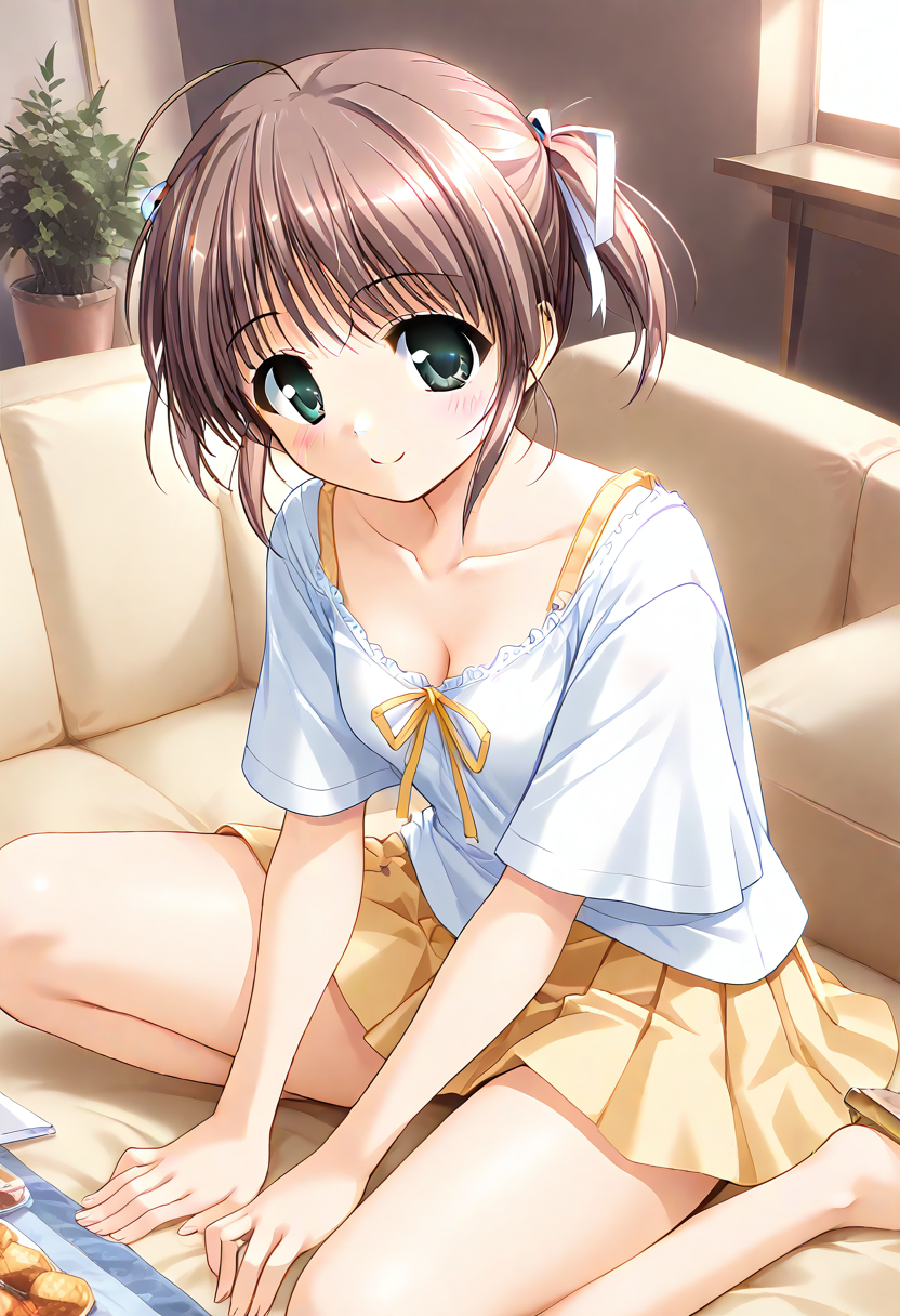 score_9,score_8_up,score_7_up,masterpiece,best quality,absurdres,source_anime,game cg BREAK <lora:Hyper-SDXL-8steps-lora:1>,1girl,solo,cowboy_shot,<lora:asagirimai_pony_v1:0.8>,asagiri mai,brown hair,green eyes,bangs,short hair,ahoge,twintails,short twintails,ribbon,hair ribbon,smile,downblouse,dress,white dress,short sleeves,skirt,yellow skirt,sandals,indoors,on couch,