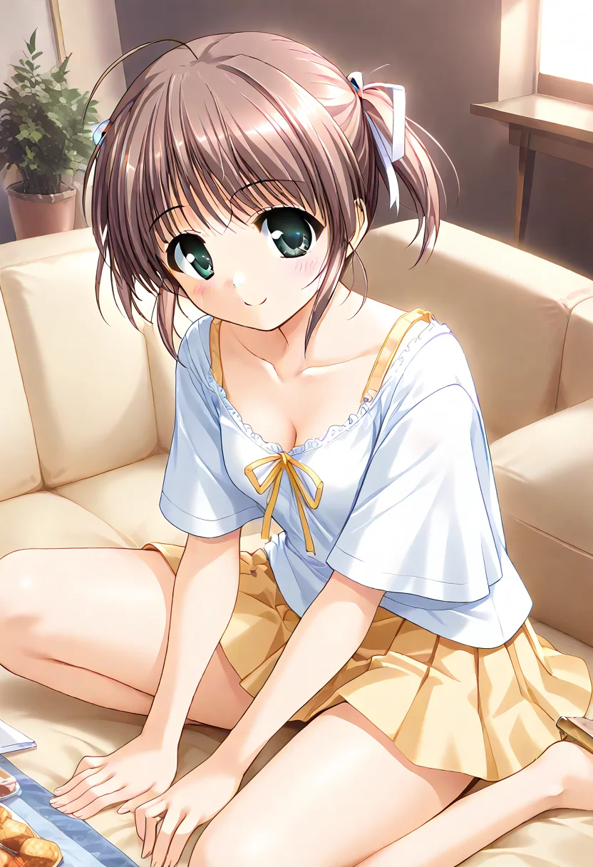 score_9,score_8_up,score_7_up,masterpiece,best quality,absurdres,source_anime,game cg BREAK <lora:Hyper-SDXL-8steps-lora:1>,1girl,solo,cowboy_shot,<lora:asagirimai_pony_v1:0.8>,asagiri mai,brown hair,green eyes,bangs,short hair,ahoge,twintails,short twintails,ribbon,hair ribbon,smile,downblouse,dress,white dress,short sleeves,skirt,yellow skirt,sandals,indoors,on couch,