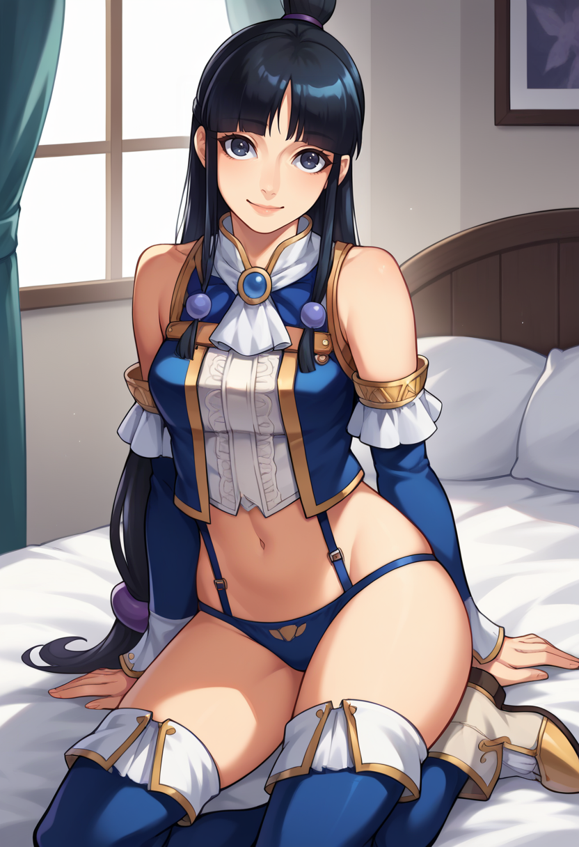 score_9, score_8_up, score_7_up, source_anime BREAK 1girl, solo,
<lora:zs_CoronetArmorXL:1> p4coronetarmor, bustier, ascot, detached sleeves, blue panties, thighboots, navel, midriff, bare shoulders
looking at viewer, cowboy shot, smile, bedroom, bed, sitting
<lora:aa_soj_mayafey_ponyXL:1> sojmaya, black hair, half updo, hair ornament