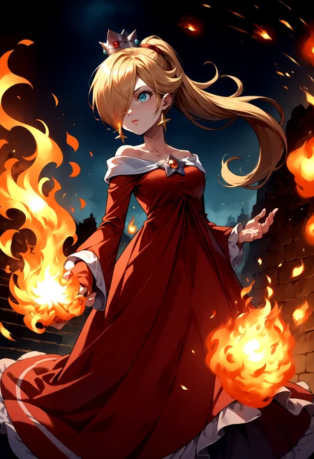 score_9, score_8_up, score_7_up, source_anime, 1girl, RslnFF, hair over one eye, ponytail, crown, red dress, bare shoulders, off-shoulder dress, long sleeves, <lora:Rosalina_XLPD:1>, fire, fireball, holding fireball, pyrokinesis, Holding fire with her 2 hands, Surrounded by flames