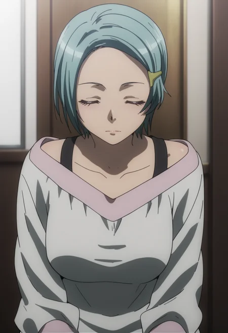 score_9, score_8_up, score_7_up, source_anime, BREAK 1girl, solo, <lora:DX888Hitomi:1> karuko hitomi, short hair, hairclip, blue hair, dress, off shoulder, closed eyes,