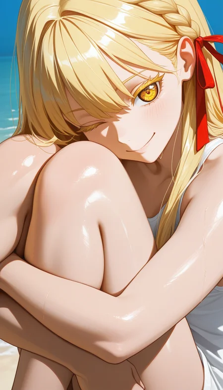 (masterpiece, best quality), amazing quality, very aesthetic, absurdres, highres, newest, HDR, 8K, anime style, chiaroscuro, impasto, intrinsic light, luster, shiny color, strong coloring, masterful shading,
1girl, blonde, braid, red ribbon, colored eyelashes, odd eyes, yellow color hair, long straight hair, shoulder length hair, hair ribbon, one eye closed, smile, summer, hugging own legs,