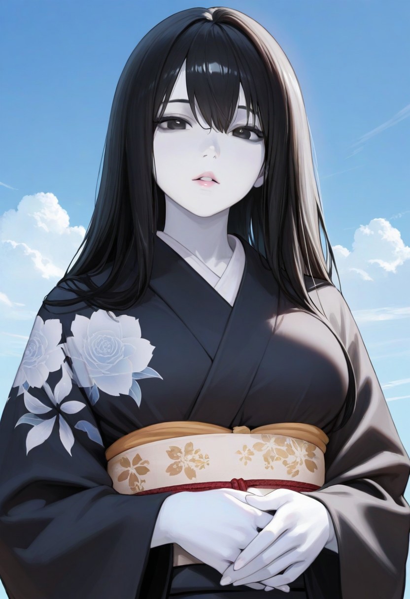 1girl, sky, black hair, long hair, masterpiece, black eyes, colored skin, (white skin:1.3), Yuki-Onna parted lips, looking at viewer, black kimono, floral print, outdoors, hands held together on stomach, cloud, volumetric lighting, blue sky, portrait, upper body,