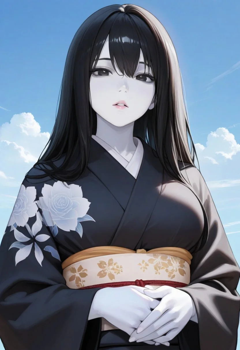 1girl, sky, black hair, long hair, masterpiece, black eyes, colored skin, (white skin:1.3), Yuki-Onna parted lips, looking at viewer, black kimono, floral print, outdoors, hands held together on stomach, cloud, volumetric lighting, blue sky, portrait, upper body,