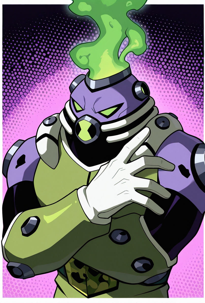 <lora:gutrot-10:1> gutrot, armor, 1boy, male focus, purple skin, green suit, , green eyes, white gloves, bodysuit, wide head, purple background, green smoke background,, pose, foreground blur,, masterpiece, best quality, amazing quality, very aesthetic, absurdres, newest,, upper body, halftone effect, white borders, abstract background:1.2,