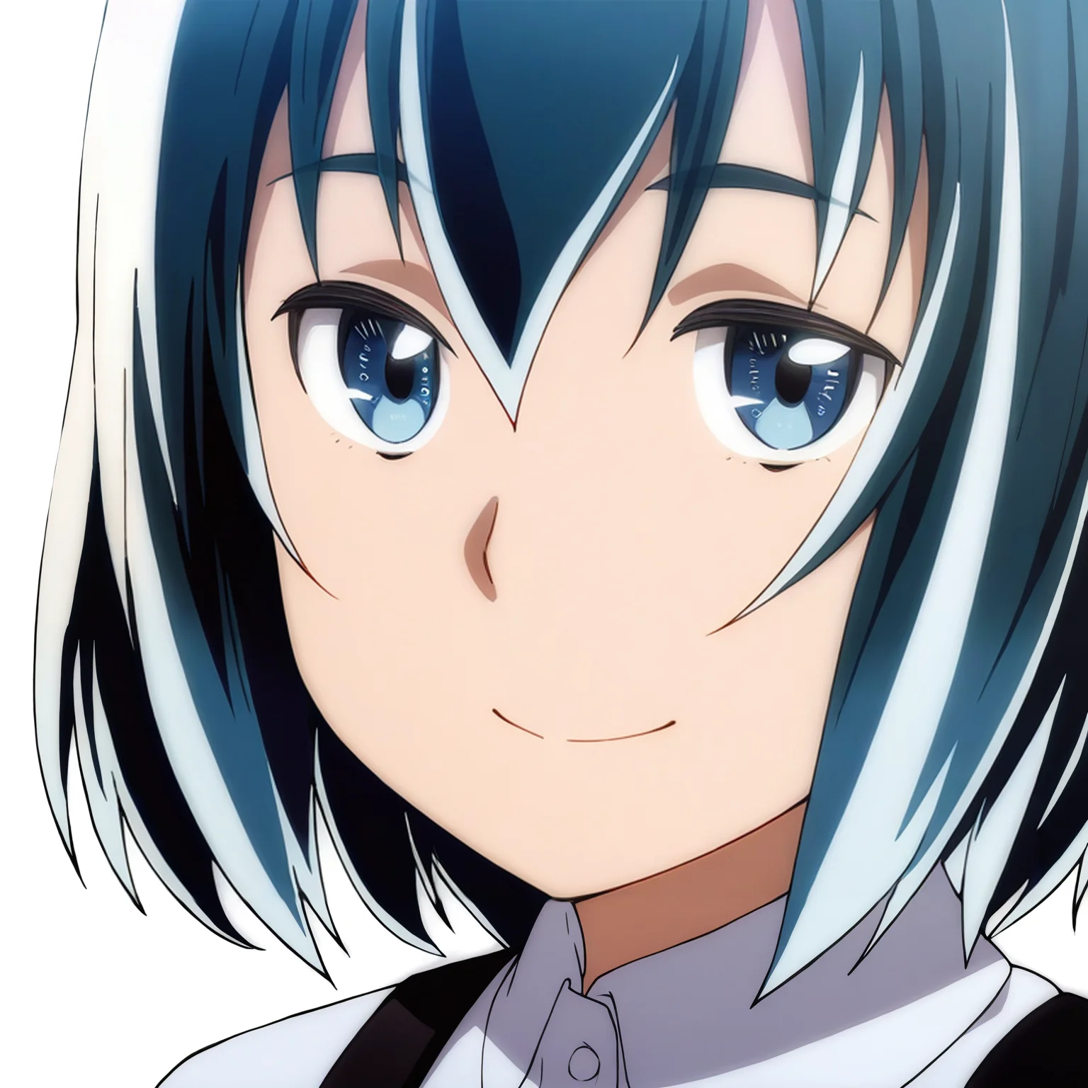 sharp focus, pixiv masterpiece, score_9, score_8_up,  source_anime, score_7_up, best quality, high res, absurd res, BREAK
 <lora:Hina_hinamatsuri_illustrious_v32:1>, hina_matsuri_il, (1girl, solo:1.4), short_hair, blue_hair, blue_eyes, white_collared_shirt, suspenders,  white background, simple background, looking at viewer, faint smile, portrait