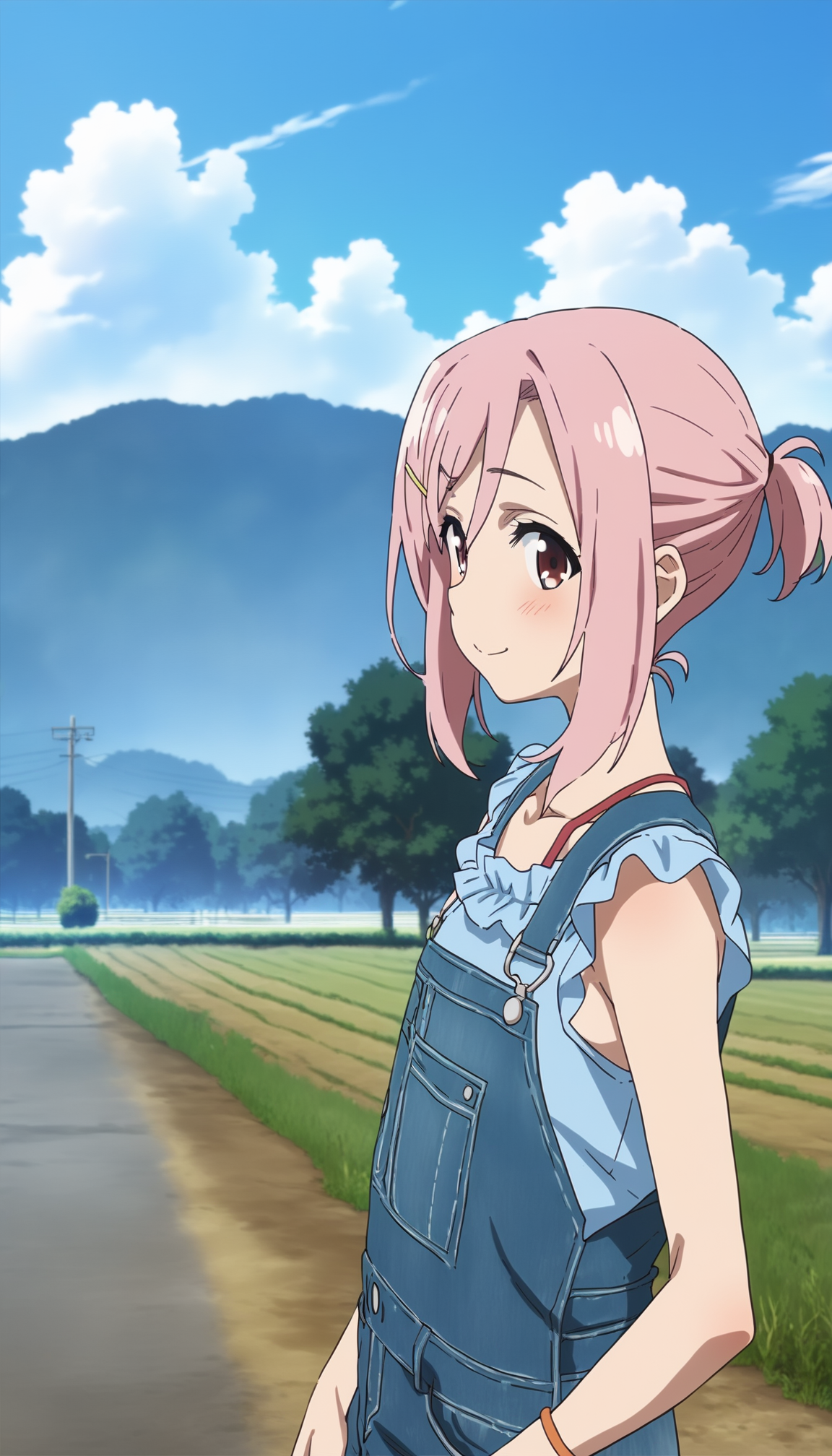 score_9,score_8_up,score_7_up,
<lora:yoshinokoharu:0.9>,yoshinokoharu,
1girl,solo,pink hair,short hair,bangs,little ponytail,looking at viewer,smile,blush,deep blue denim overall,blue sleeveless blouse,portrait,
outdoors,morning,summer,rolling hills,tree,poles,fields,blue sky,cloud,