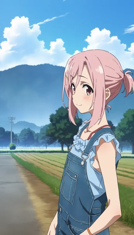 score_9,score_8_up,score_7_up,
<lora:yoshinokoharu:0.9>,yoshinokoharu,
1girl,solo,pink hair,short hair,bangs,little ponytail,looking at viewer,smile,blush,deep blue denim overall,blue sleeveless blouse,portrait,
outdoors,morning,summer,rolling hills,tree,poles,fields,blue sky,cloud,