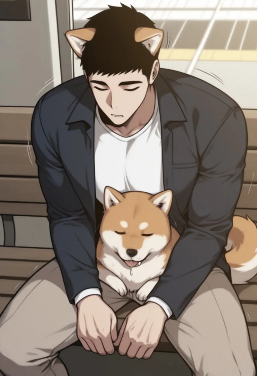 masterpiece, best quality, amazing quality, very aesthetic, absurdres, newest, detailed background, warm natural lighting, lively and bustling atmosphere, background details visible, shiny skin, indoor, train station, chinese background,
hyunsunglee, 1boy, solo, male focus, short hair, sleeping, muscle body, t-shirt, blazer, brown pants, sneaker, saliva, sitting on bench, motion lines, twitching, ((dog ear:1.2), (long dog tail:1.2), shiba inu)