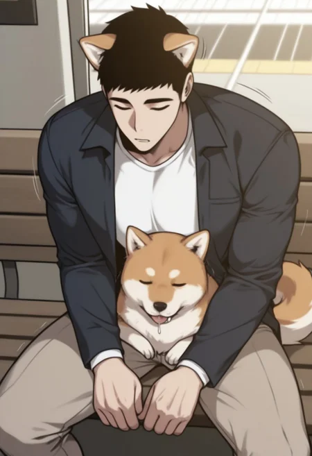 masterpiece, best quality, amazing quality, very aesthetic, absurdres, newest, detailed background, warm natural lighting, lively and bustling atmosphere, background details visible, shiny skin, indoor, train station, chinese background,
hyunsunglee, 1boy, solo, male focus, short hair, sleeping, muscle body, t-shirt, blazer, brown pants, sneaker, saliva, sitting on bench, motion lines, twitching, ((dog ear:1.2), (long dog tail:1.2), shiba inu)