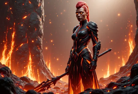 civitametapunkFLUX_Fem, 1girl,solo, light skin.
A young female dragon knight hyper realistic and highly detailed with a (mohawk hair) and the sides of his hairstyle is short and neat, red hair.
(Her eyes glow in fire power).
She is wearing a black armor with magical fire glowing runes and dragon scales details.
She is slim.
She wears metallic dark boots.
She holds a long sharp spear with intricate details.
She is standing in black molten rocks.
The background is an active volcano with lava flow.
She is looking at the camera with a menacing face.
(The camera angle is from below).
The lighting is dramatic, coming from the lava glow.
Ashes are flowing in the air. ral-lva