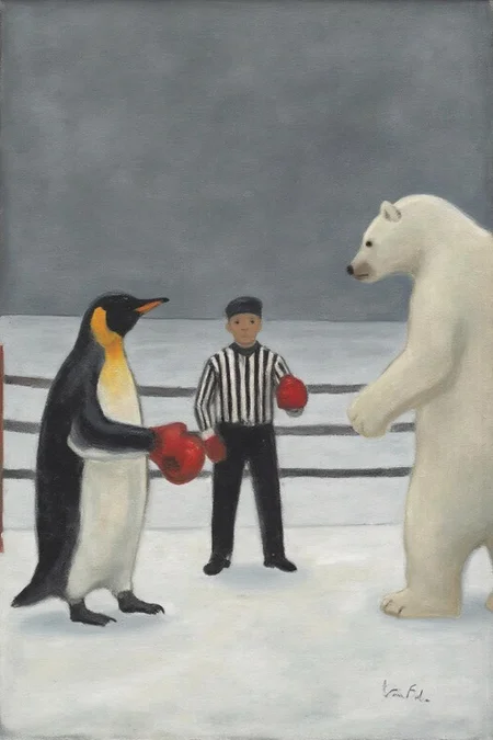 jeanpaullemieux1 painting.
A boxing match between a penguin and a polar bear.
The referee is standing in the middle. <lora:jeanpaullemieux1_cap_d6a3e8:1.0><lora:841256451436478458:0>